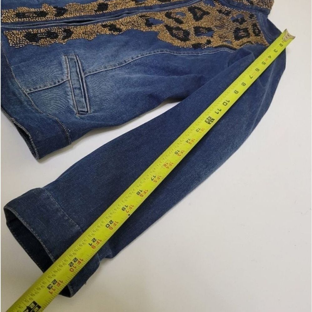 CHICO'S BEADED LEOPARD EMBELLISHED STRETCH DENIM JACKET BLUE BROWN TAN 1 medium - Picture 3 of 9
